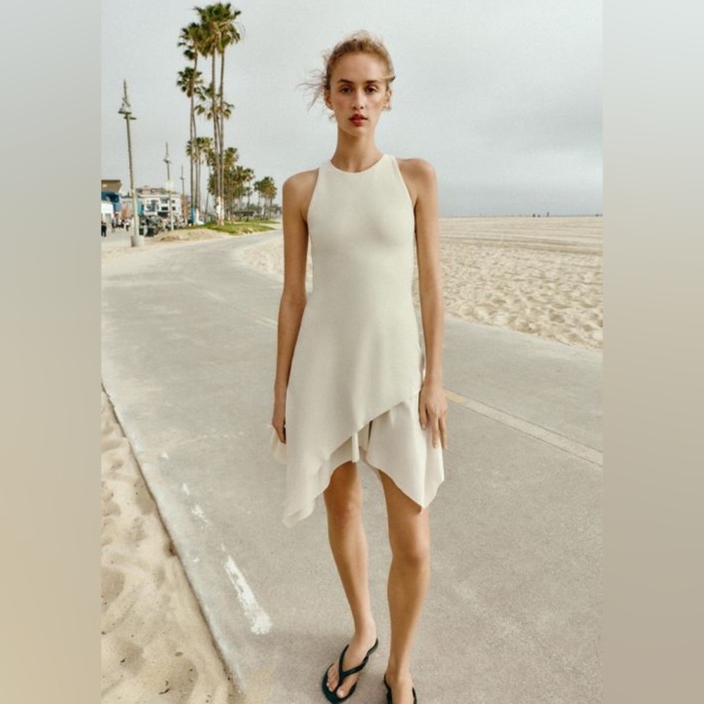 Zara cream Combination Halter mini sleeves Dress size large fun chic New